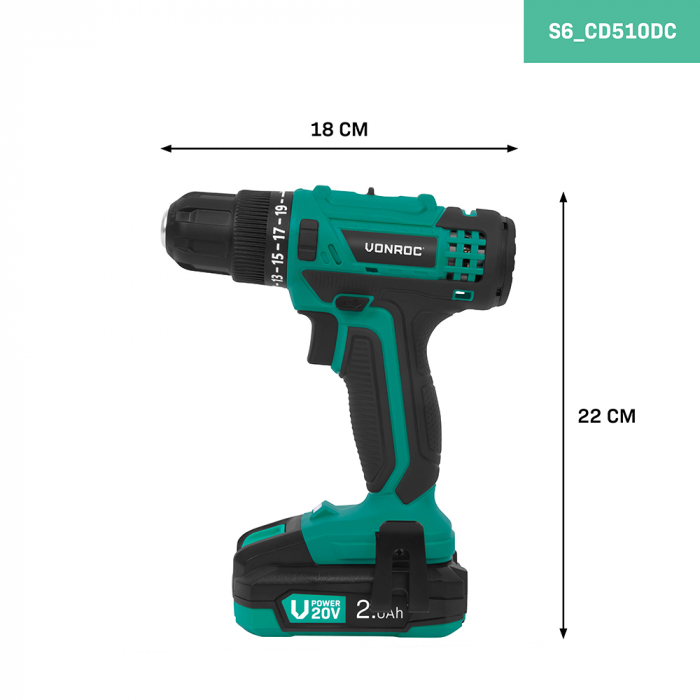 Cordless Drill 20V | Incl. 2x 2.0Ah Battery, Charger, and 46 accessories in premium case