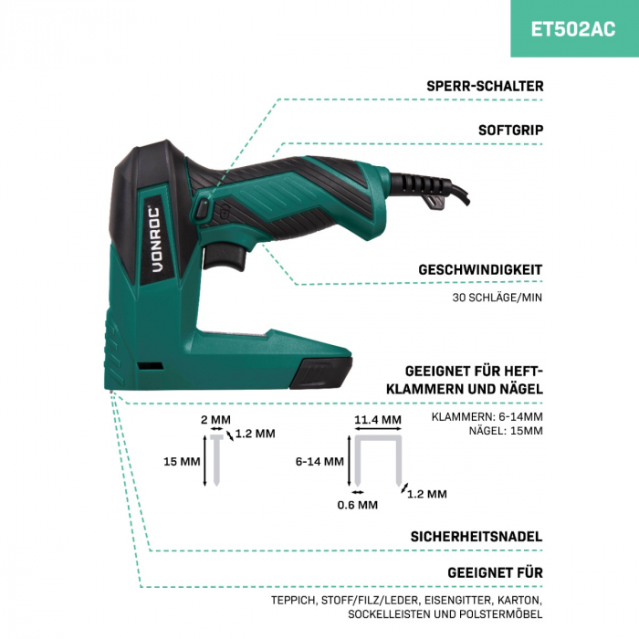 Electric tacker - Incl. 900 staples & 300 nails