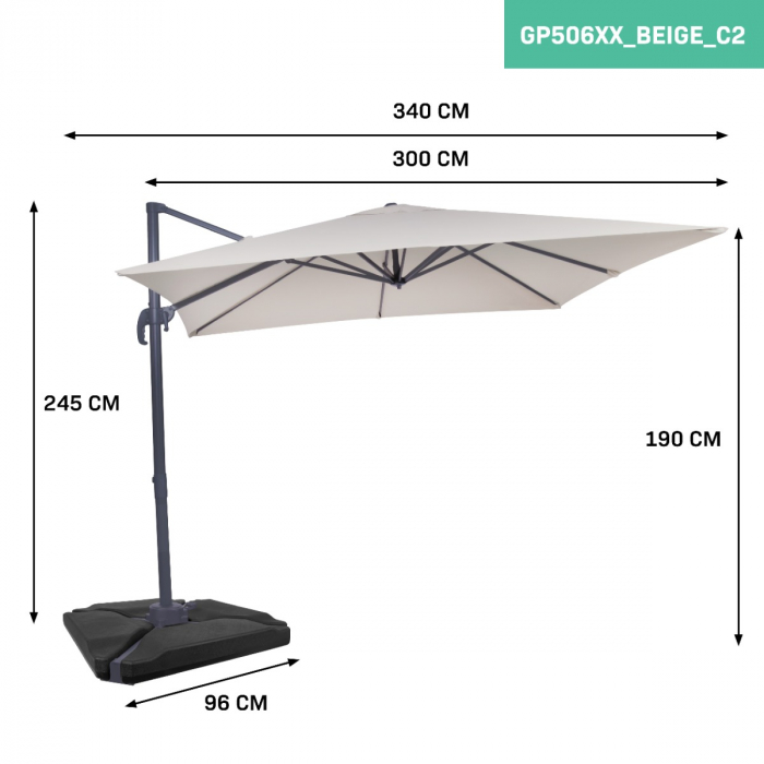 Cantilever parasol Pisogne 300x300cm – Premium parasol - Beige | Incl. fillable parasol tiles