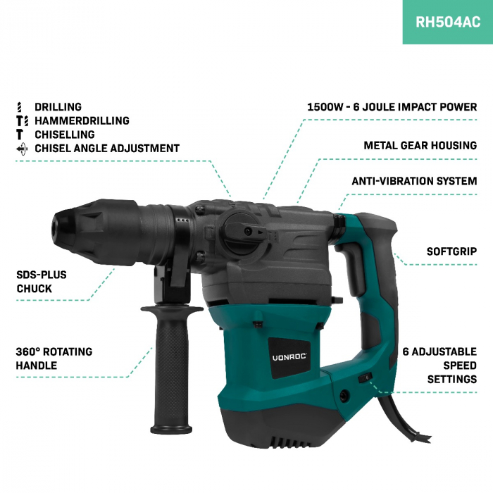 Rotary hammer drill 1500W- 6 Joule - SDS plus - 4 functions | Incl. drills and chisels