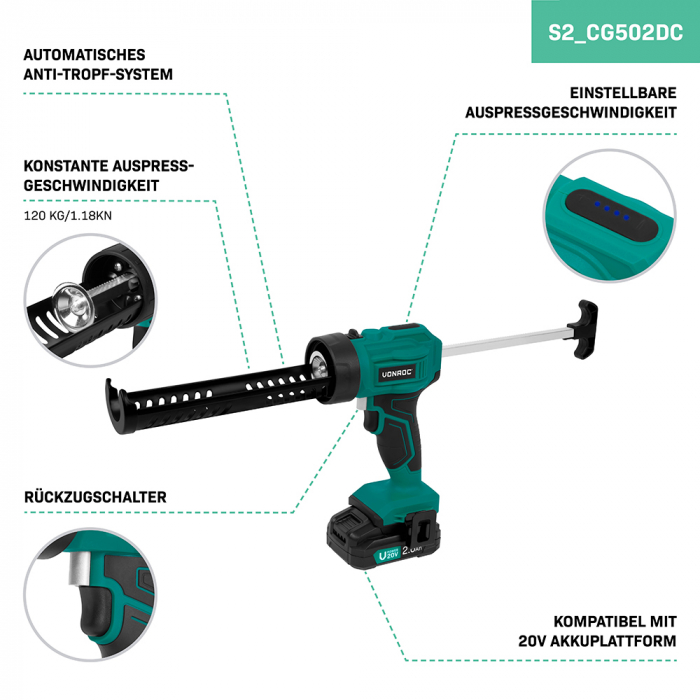 Akku-Kartuschenpistole 20V | Inkl. 2 x 2.0Ah Akku und Ladegerät