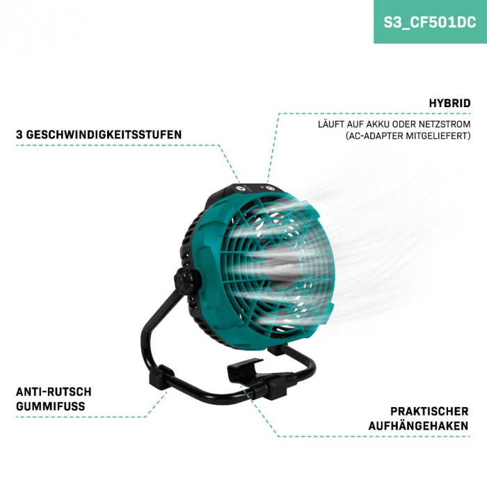 Cordless fan 20V – hybrid battery or AC powered | Incl. AC adapter – incl. 4.0Ah battery and quick charger